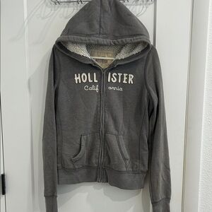 Y2K Vintage Hollister Sherpa-Lined Zip-Up Logo Graphic Hoodie |Size Medium